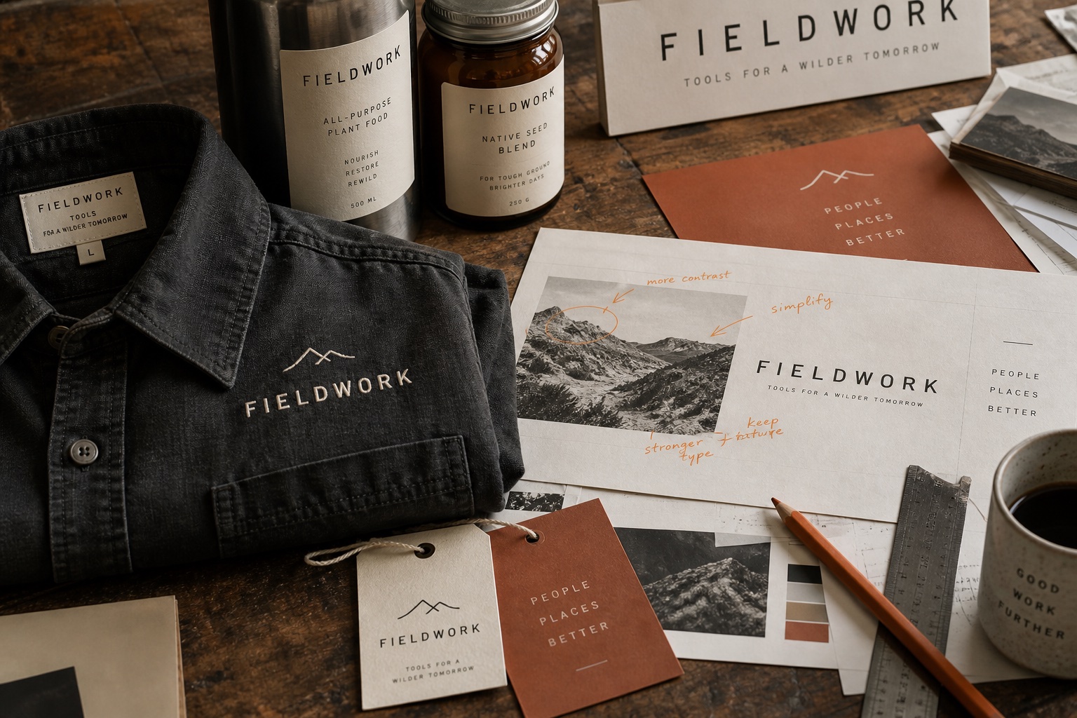 Uniform embroidery, labels, signage, and annotated creative proofs